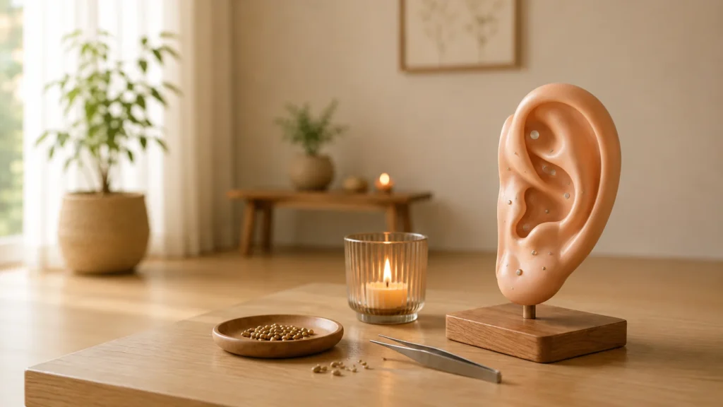 A auriculoterapia utiliza pontos específicos da orelha para auxiliar no equilíbrio do organismo, no manejo do estresse e na promoção do bem-estar.