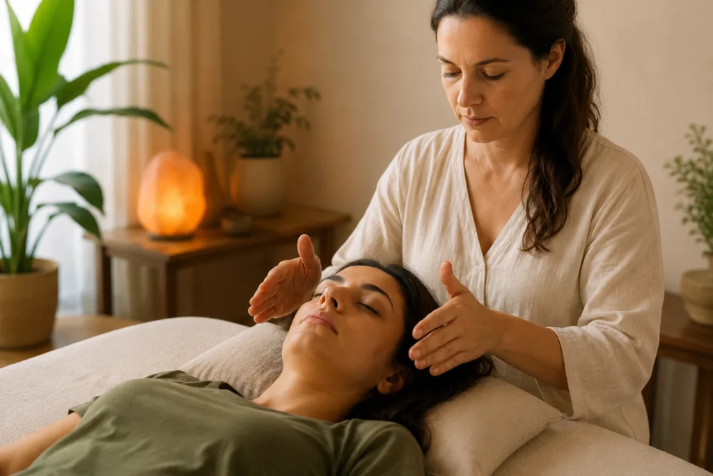Terapeuta posicionando as mãos próximas à cabeça de uma paciente durante sessão de Barras de Access