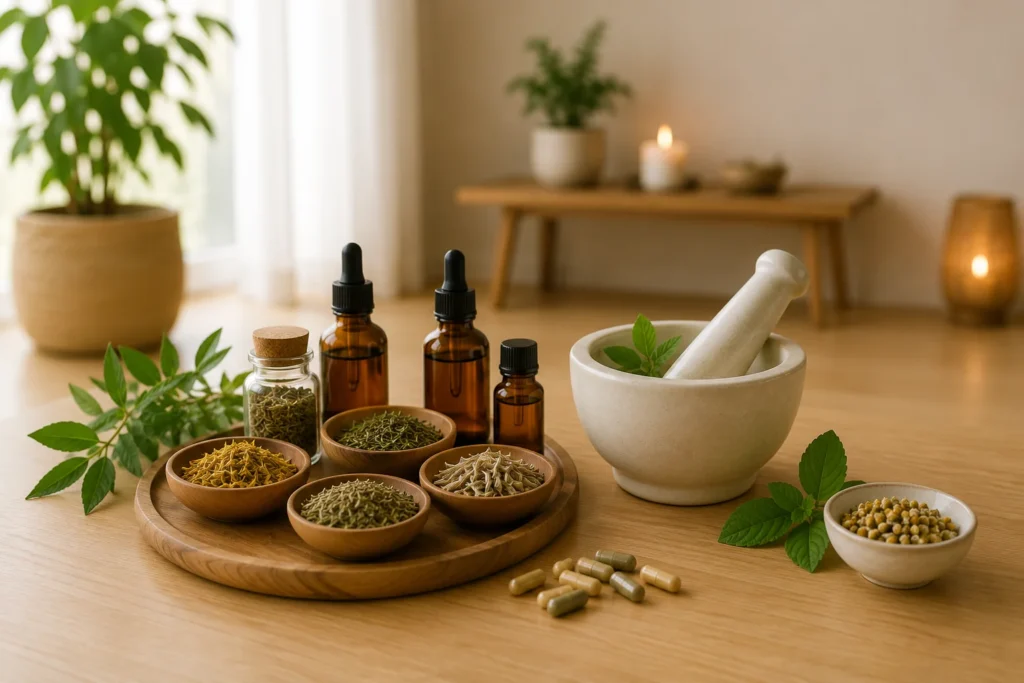 Ervas medicinais, extratos, cápsulas e pilão utilizados em fitoterapia
