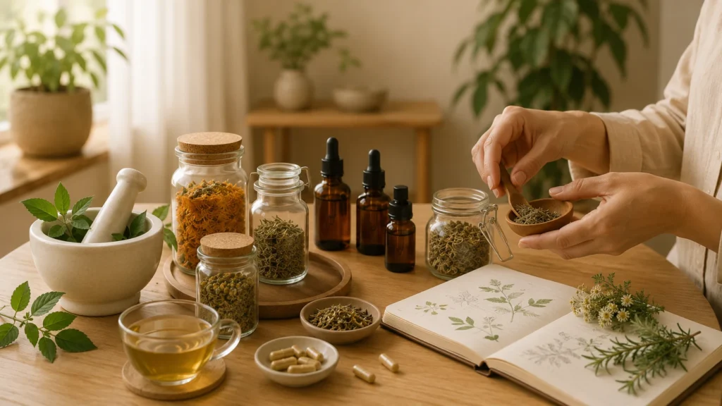 Profissional selecionando ervas medicinais ao lado de extratos, cápsulas, chá e pilão