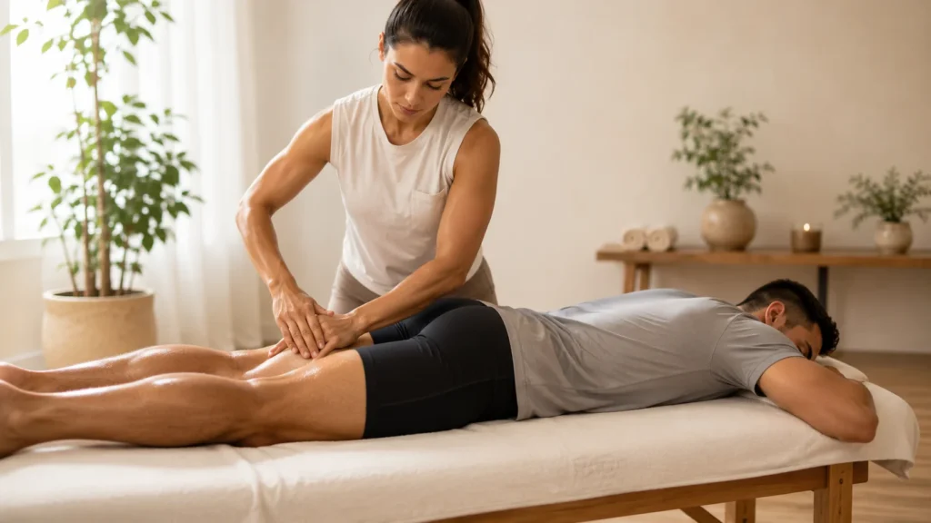 Terapeuta realizando massagem desportiva nas pernas de um paciente atleta