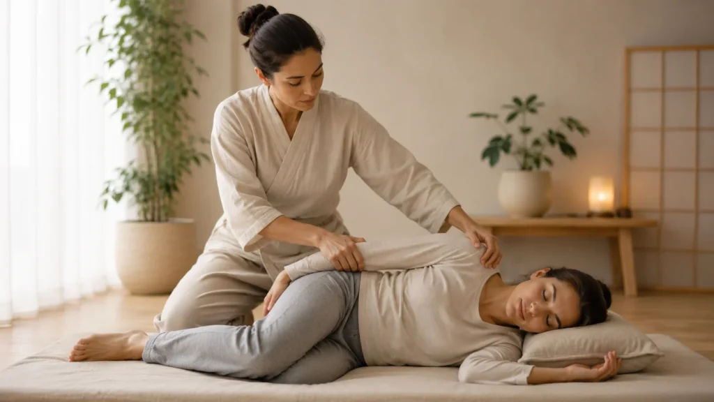 Terapeuta realizando alongamento no braço e no tronco de uma paciente durante sessão de Shiatsu