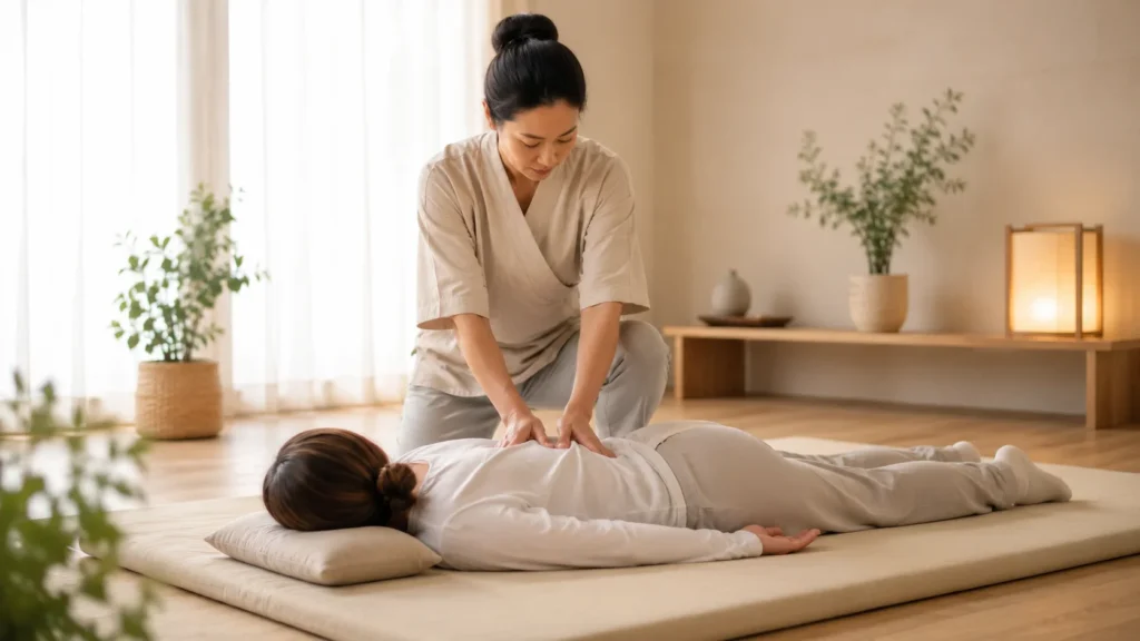 Terapeuta aplicando pressão de Shiatsu nas costas de uma paciente deitada sobre um futon
