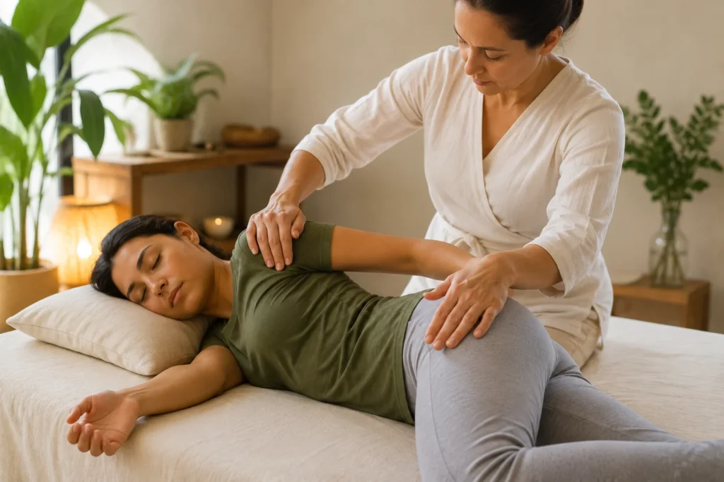 Terapeuta realizando alongamento assistido no braço e no quadril de uma paciente