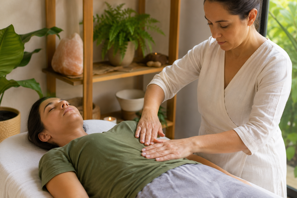 Terapeuta realizando atendimento integrativo em paciente deitada em ambiente acolhedor